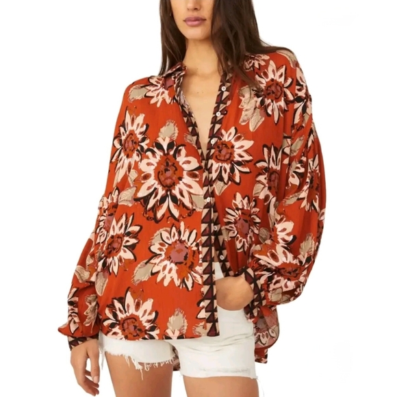 Free People Tops - Free People Good Vibrations Printed Blouse XL, Light Combo (Orange)